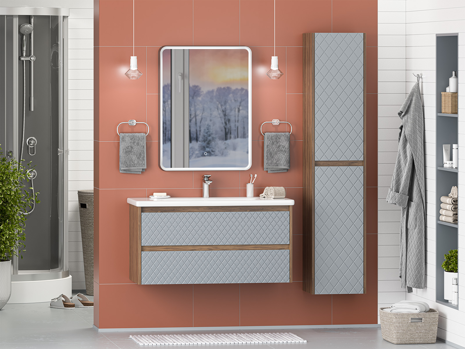 Тумба с раковиной Brevita Chester 100 подвесная, серый/дуб чарльстон темно-коричневый