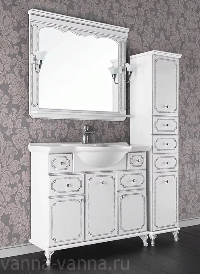 Мебель для ванной Vod-ok Elite Мариэль 105 комплект, напольный, белый, патина серебро, золото