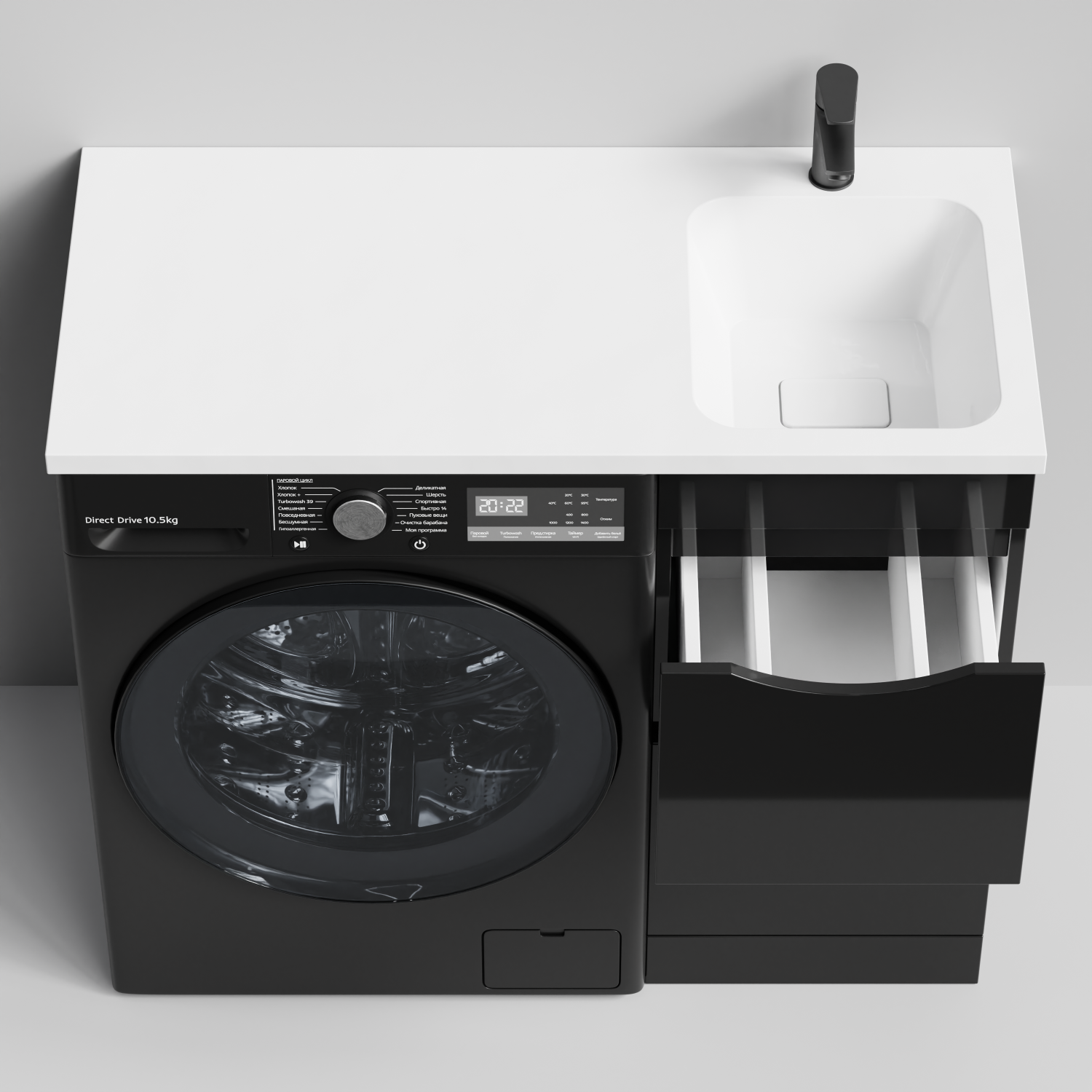 Тумба Vod-ok 38 с раковиной Смайл 100 напольная, под стиральную машину, правая, черный глянец