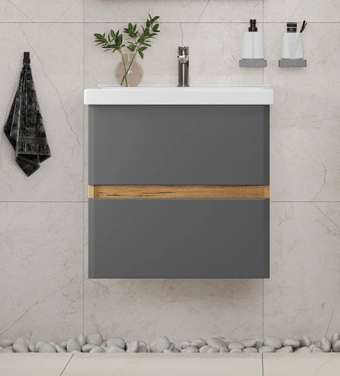 Тумба подвесная SanStar Graffa 60 с раковиной Фостер 60 Дуб вотан, графит софт