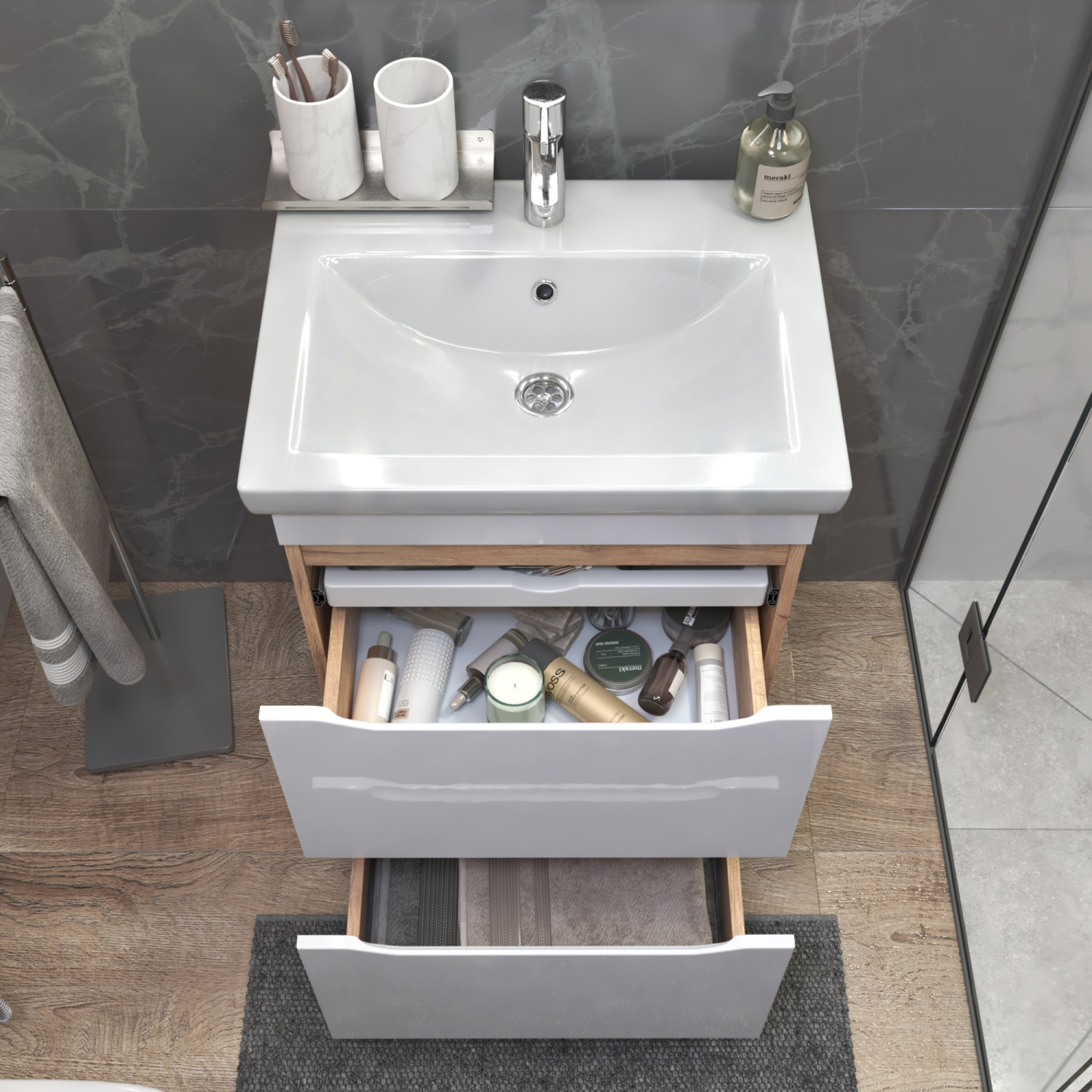 Тумба напольная Vigo Grani 600-0-2 с раковиной Элина 60, 2 ящика, дуб золотой