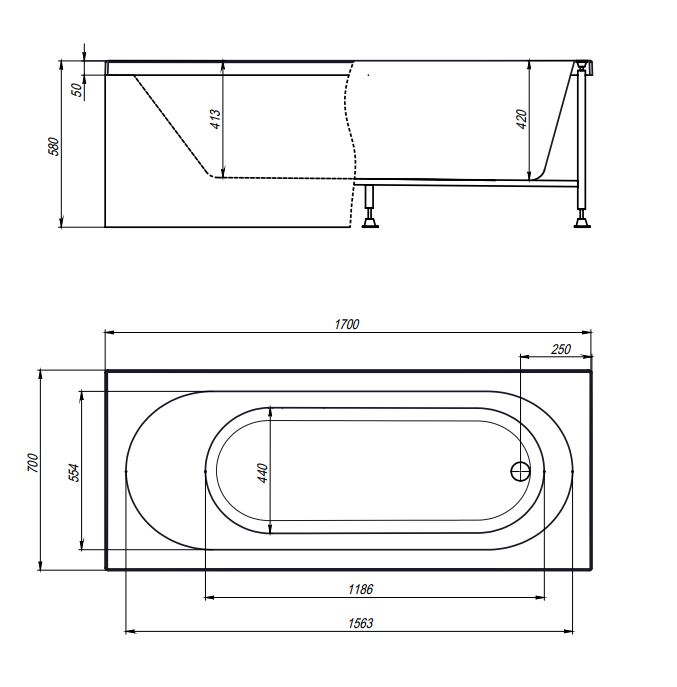 Комплект (3в1) Акриловая ванна TIMO ROHA1770 170*70*580+каркас+слив-перелив