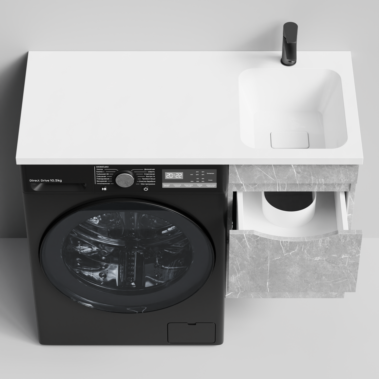 Тумба Vod-ok 38 с раковиной Смайл 100 подвесная, под стиральную машину, правая, Мрамор Белый софт тач