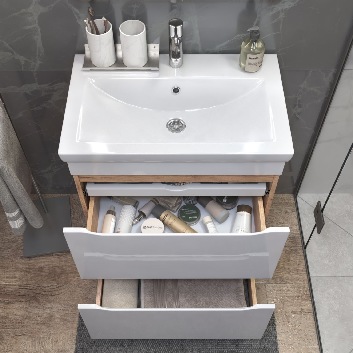 Тумба напольная Vigo Grani 700-0-2 с раковиной Como 70, дуб золотой