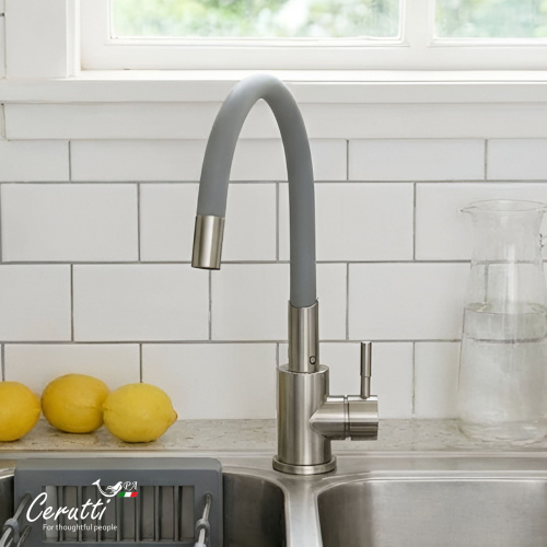 Cмеситель для кухни Ceruttispa Атэна BN-G (ATENA BN-G) из нержавеющей стали, цвет матовый никель, излив серый