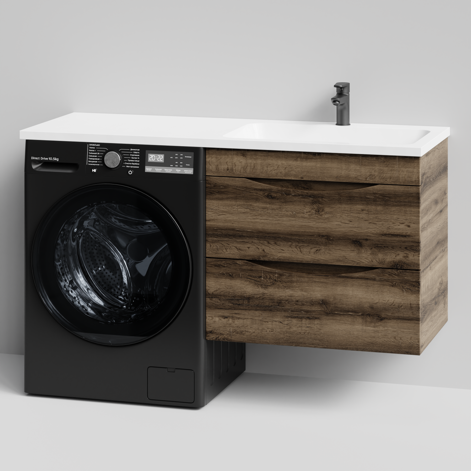 Тумба Vod-ok 68 с раковиной Смайл 130 подвесная, под стиральную машину, правая, Дуб крымский коричневый