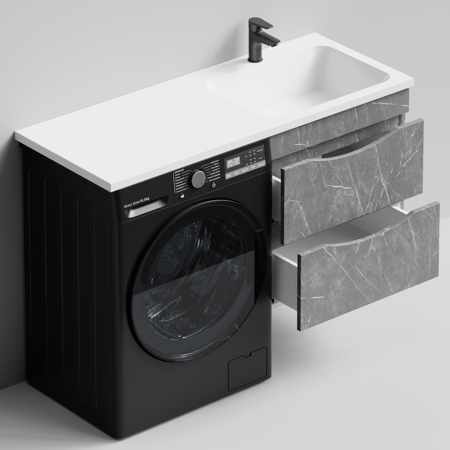 Тумба Vod-ok 58 с раковиной Смайл 120 подвесная, под стиральную машину, правая, Мрамор Серый софт тач