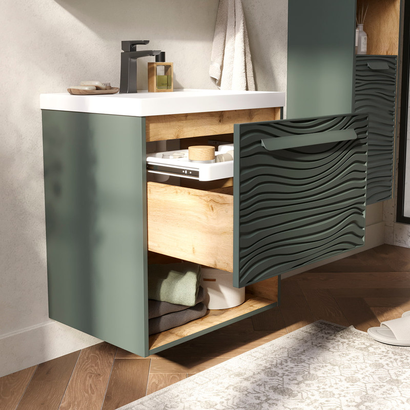 Тумба с раковиной EQUIL Gleam 60 подвесная, один ящик, зеленый камень/дуб вотан