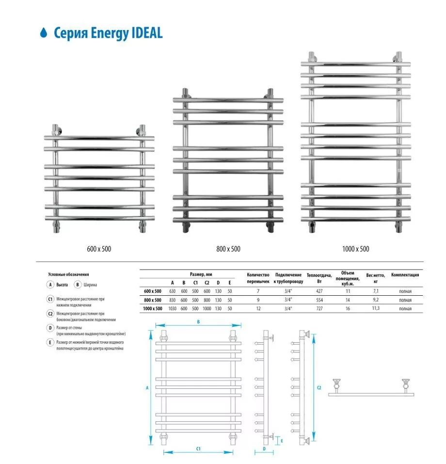 Полотенцесушитель водяной Energy Ideal 1000x500 хром