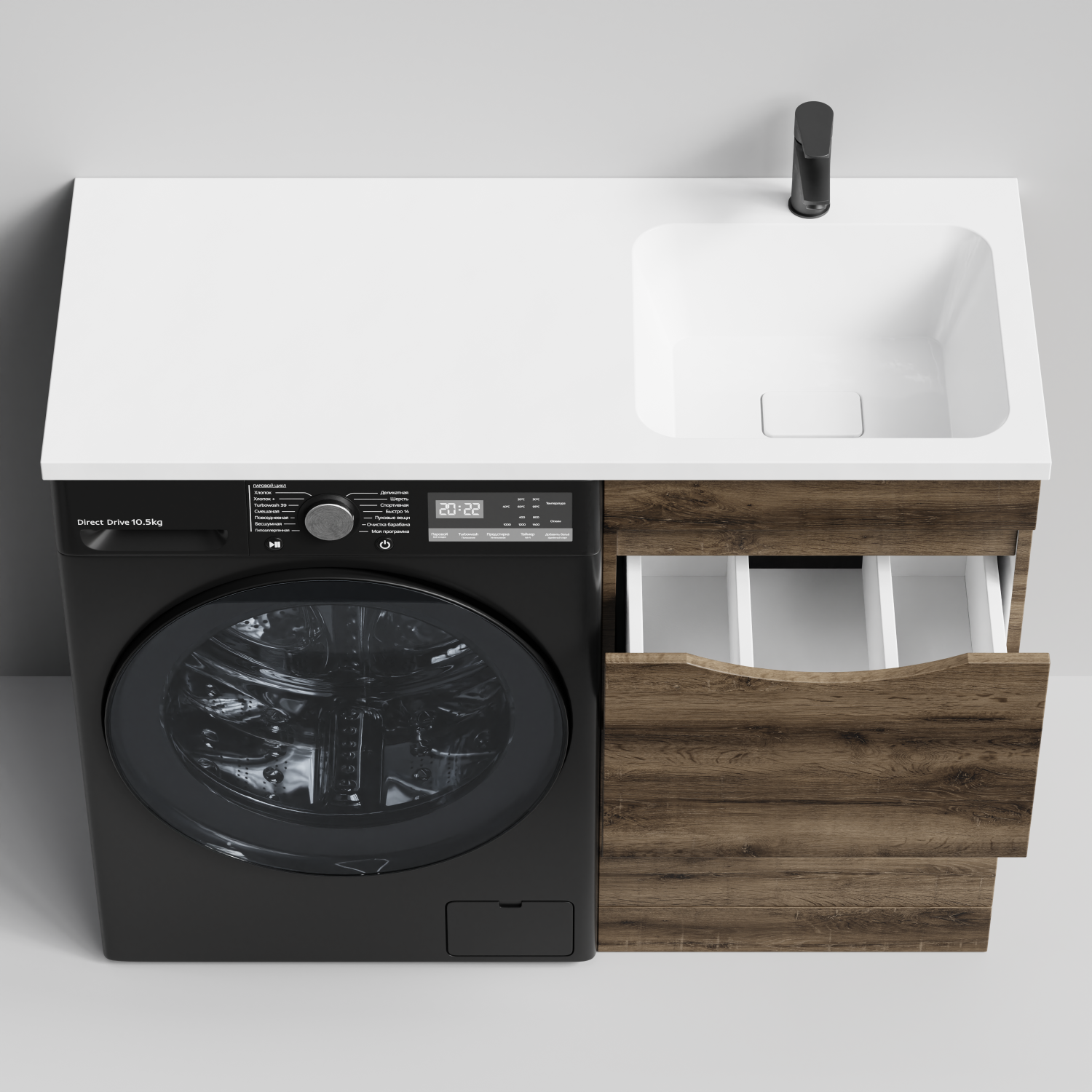 Тумба Vod-ok 48 с раковиной Смайл 110 напольная, под стиральную машину, правая, Дуб крымский коричневый