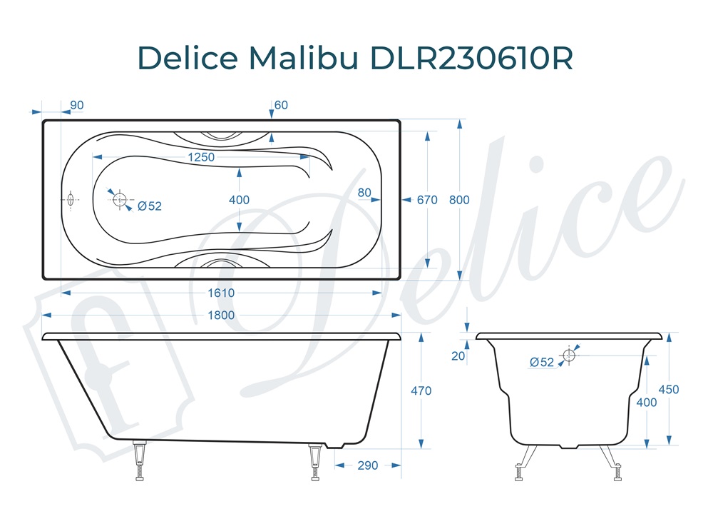 Ванна чугунная Delice Malibu 180х80 DLR230610R с отверстиями под ручки