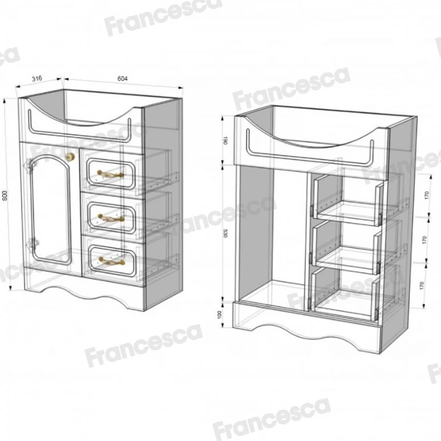 Тумба с раковиной Francesca Империя 65 напольная, 3 ящика, 1 дверь, белая