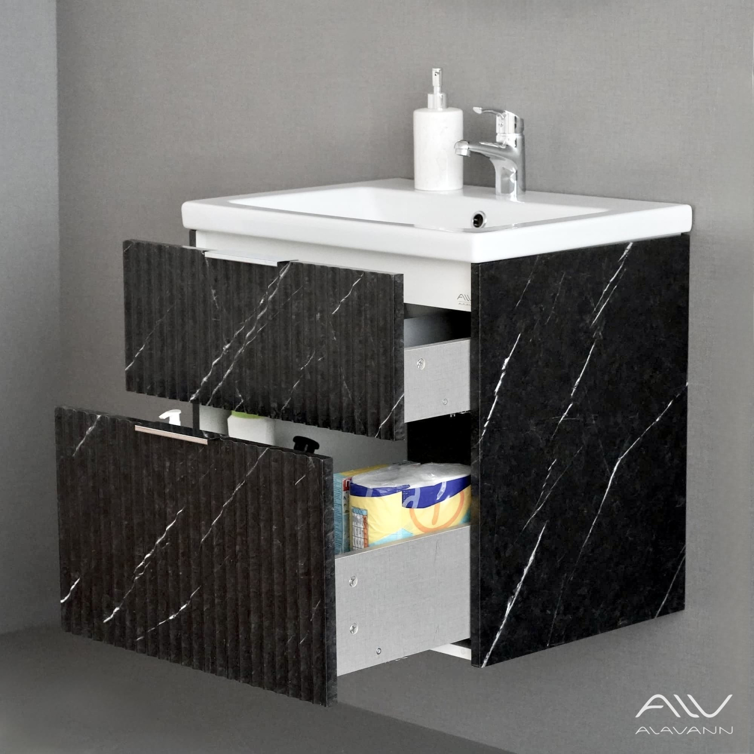 Тумба подвесная Alavann Anna 60 с раковиной Como 60, черный мрамор