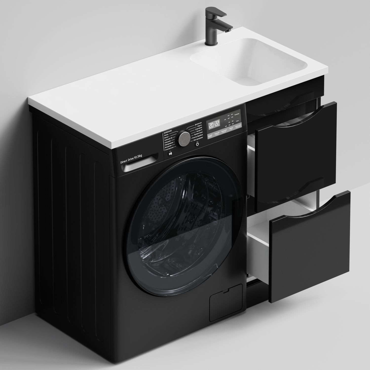 Тумба Vod-ok 38 с раковиной Смайл 100 напольная, под стиральную машину, правая, черный глянец