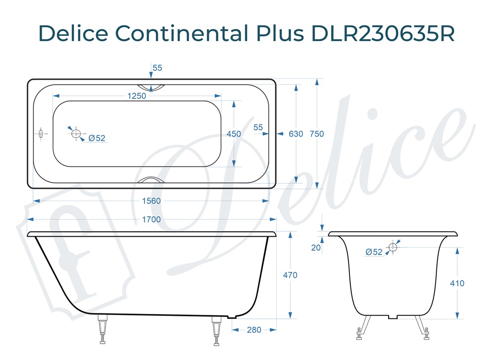 Ванна чугунная Delice Continental PLUS 170х75 DLR230635R с отверстиями под ручки