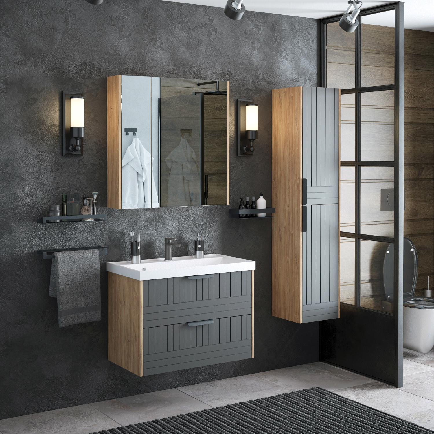 Тумба напольная Corozo Инди 80 с раковиной Сомо 80 дуб канзас/графит