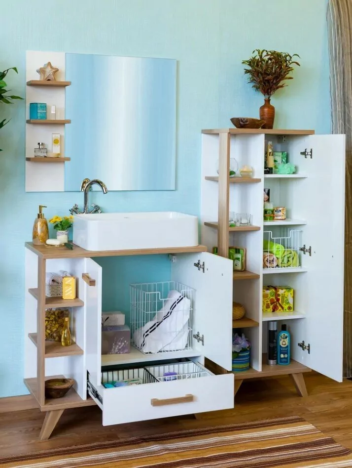 Тумба Sanflor Ингрид 80 с накладной раковиной Олимпия 56 напольная, белый матовый, швейцарский вяз