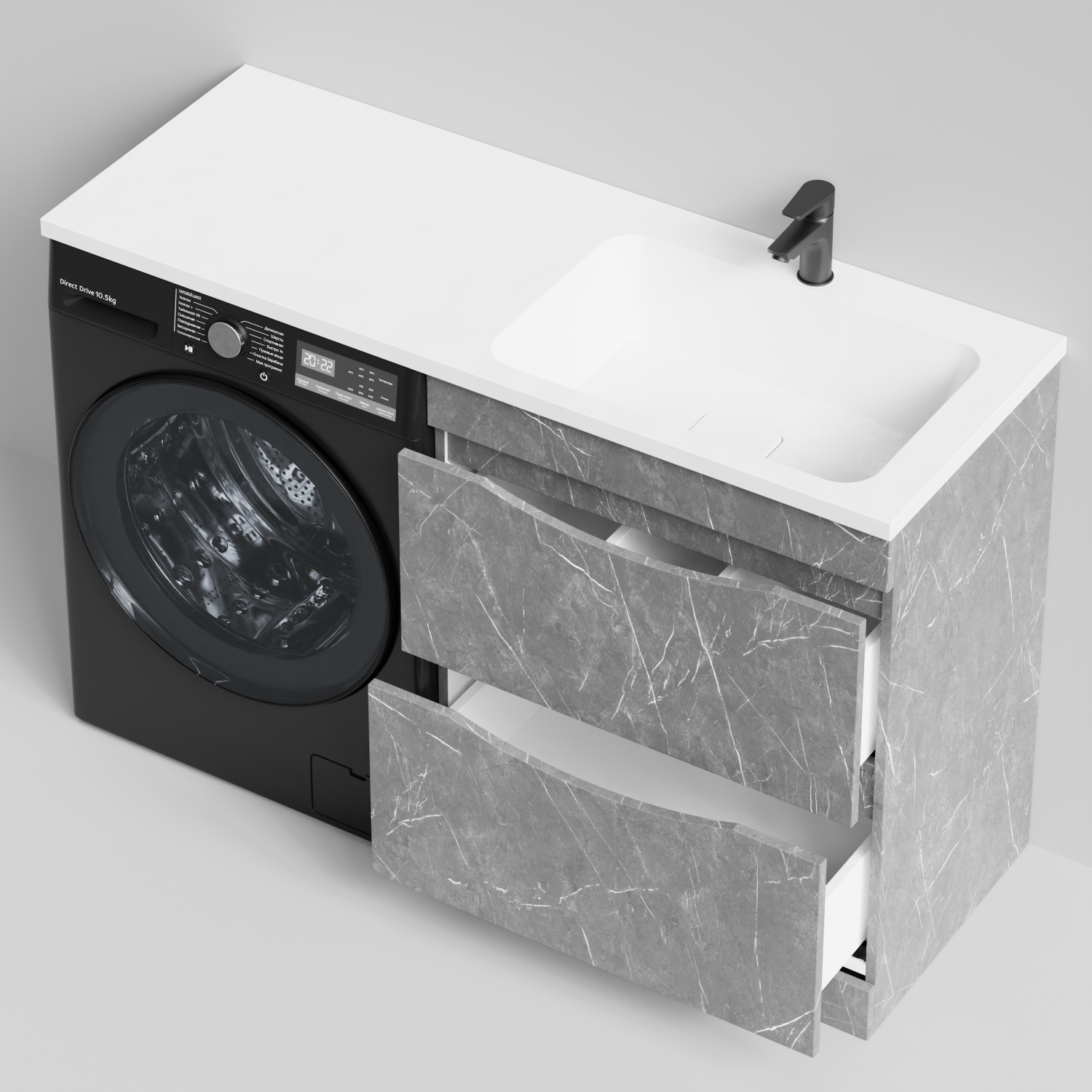 Тумба Vod-ok 68 с раковиной Смайл 130 напольная, под стиральную машину, правая, Мрамор Серый софт тач
