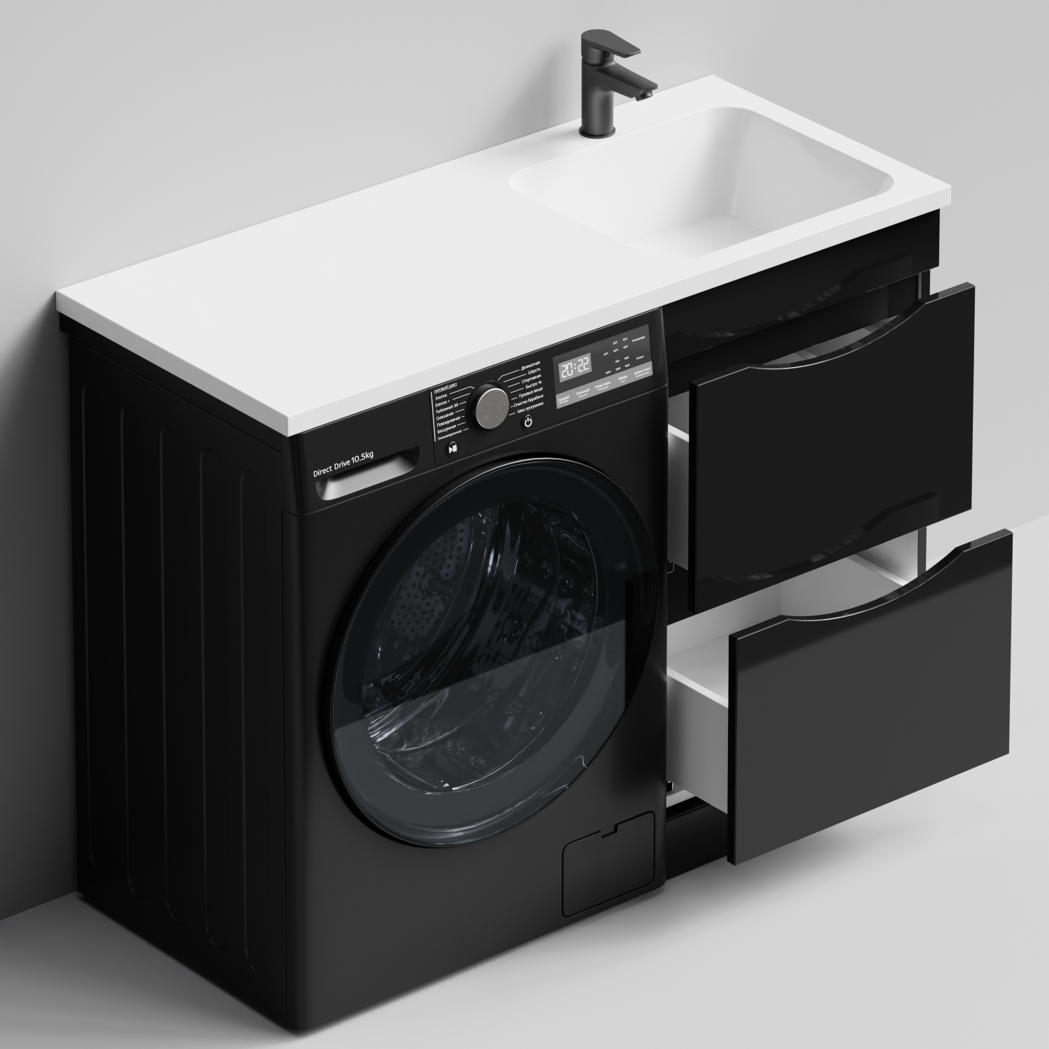 Тумба Vod-ok 48 с раковиной Смайл 110 напольная, под стиральную машину, правая, черный глянец