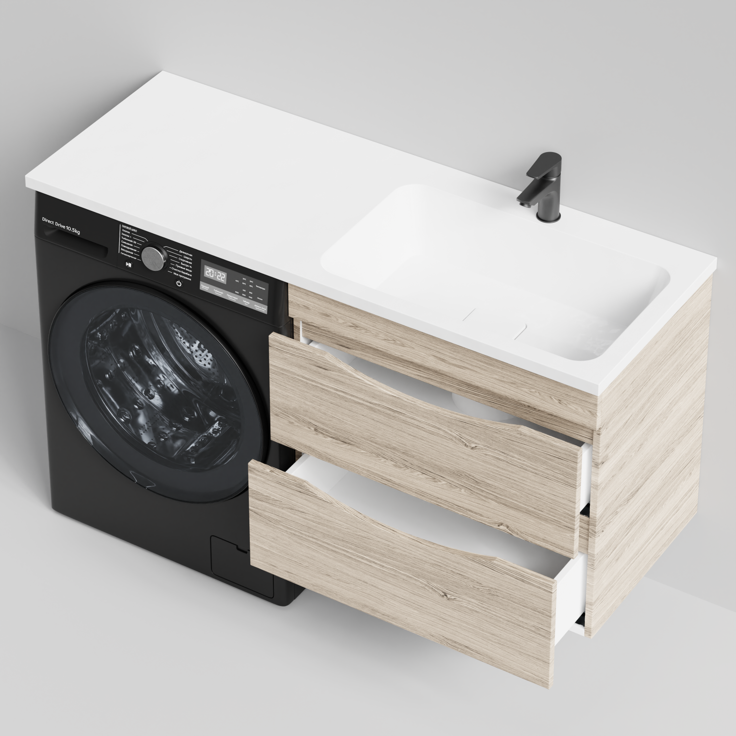 Тумба Vod-ok 68 с раковиной Смайл 130 подвесная, под стиральную машину, правая, Дубослив ореховый светлый