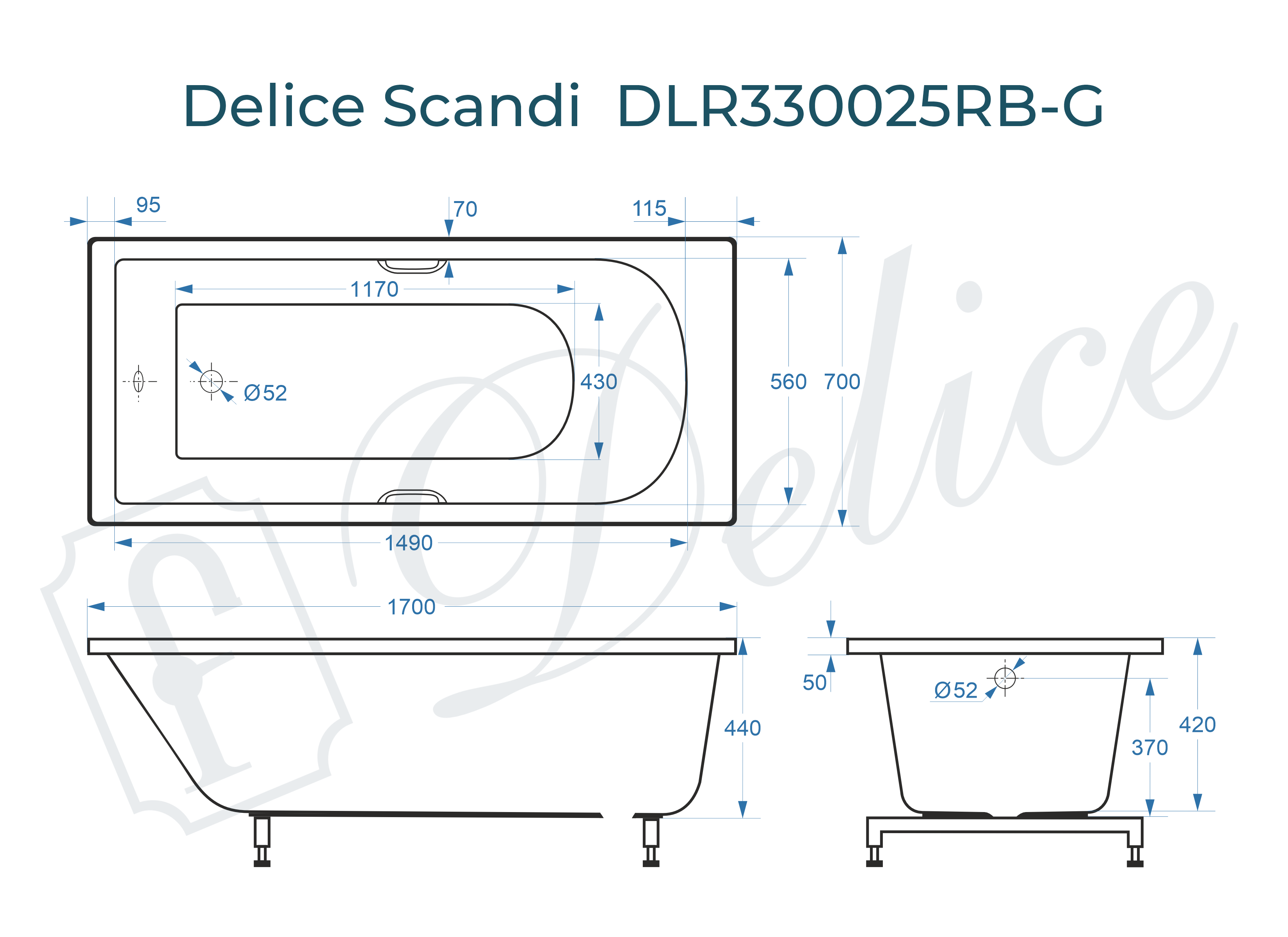 Ванна из литьевого мрамора Delice Scandi 170х70 глянцевая с черными ручками DLR330025RB-G