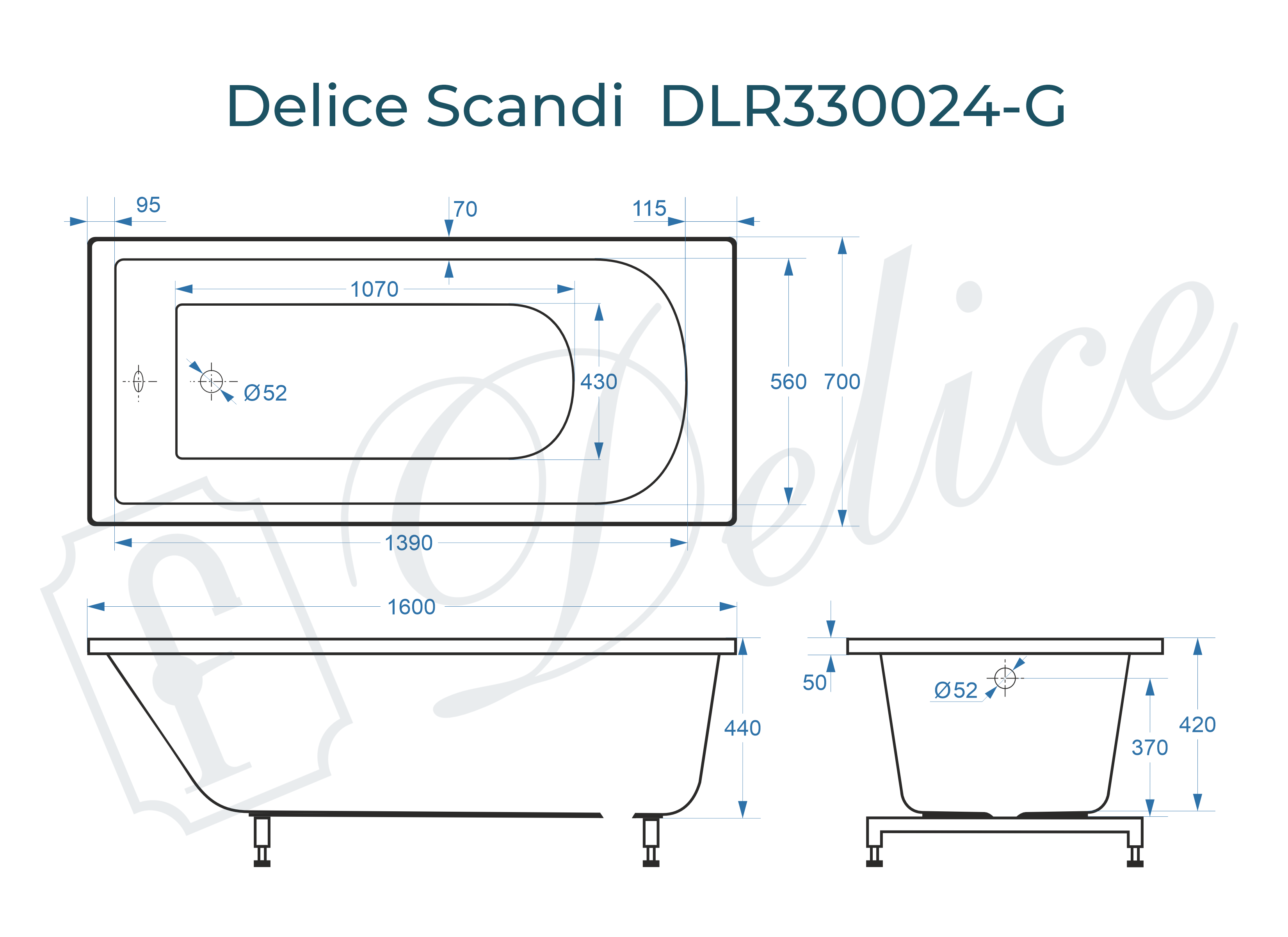 Ванна из литьевого мрамора Delice Scandi 160х70 глянцевая DLR330024-G