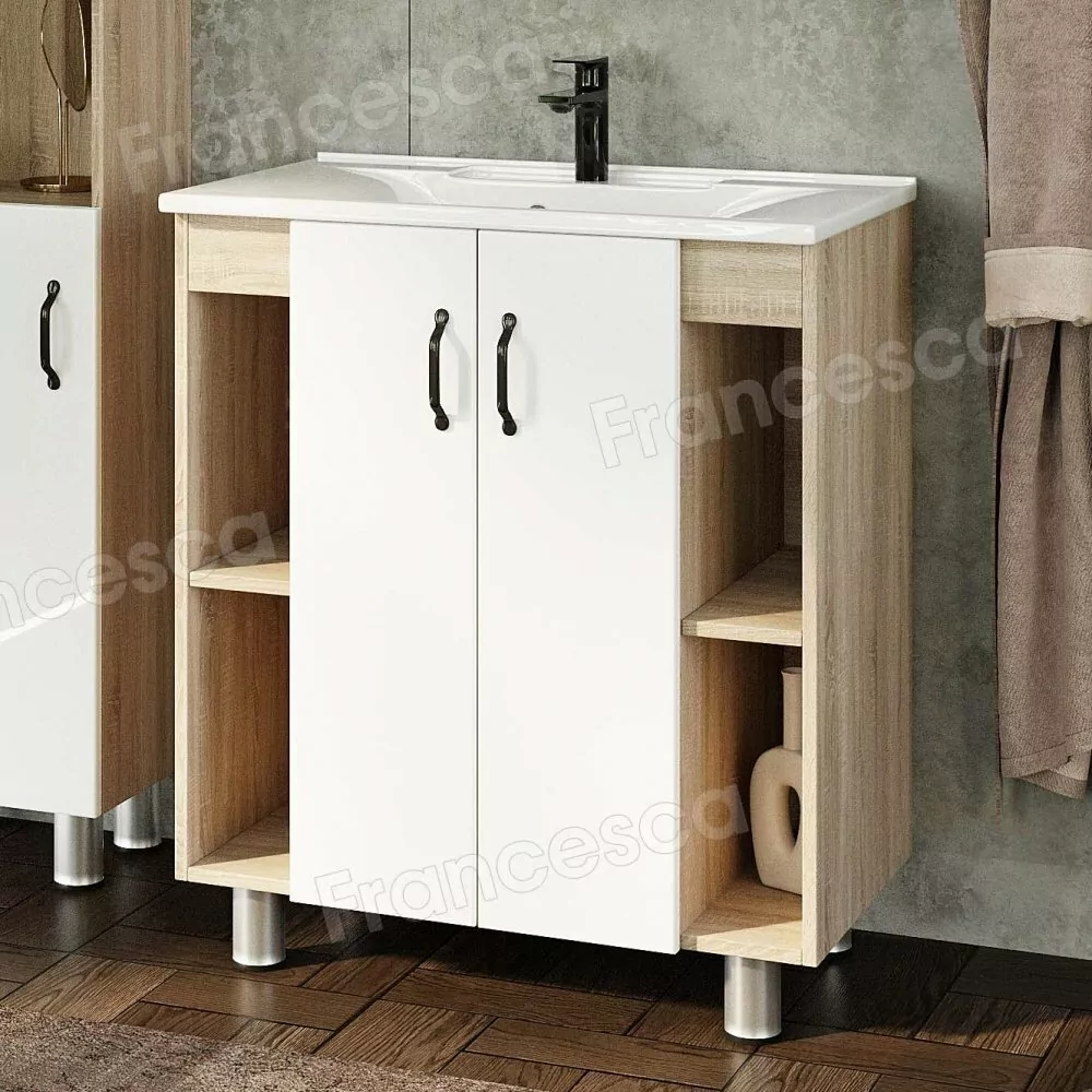 Мебель для ванной Венеция Камилла 75 напольный комплект, белый/дуб сонома