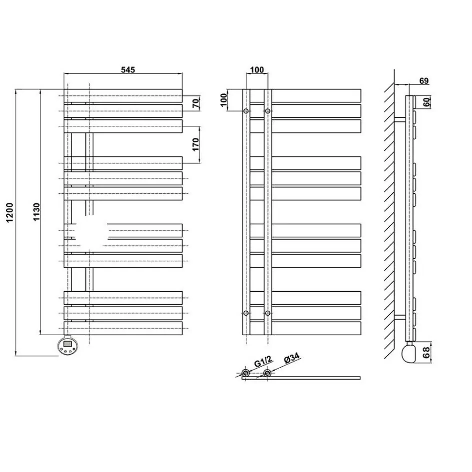 Полотенцесушитель электрический Domoterm Дельта П12 500х1130 EL левый, графит