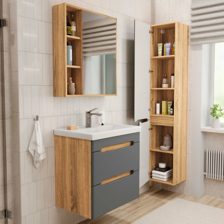 Тумба подвесная SanStar Diva 50 с раковиной Фостер 50, дуб вотан, графит софт