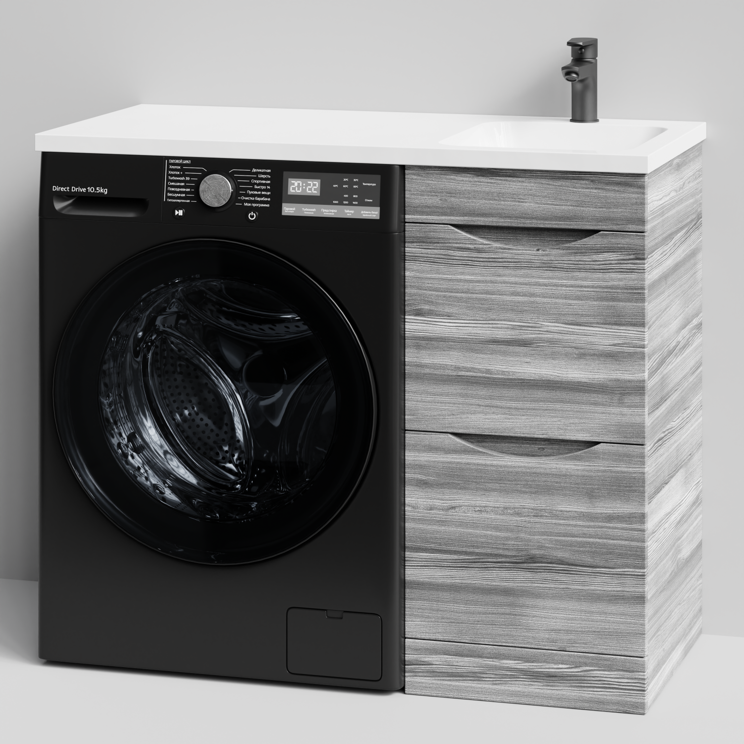 Тумба Vod-ok 38 с раковиной Смайл 100 напольная, под стиральную машину, правая, Лиственница структурная контрастно-серая