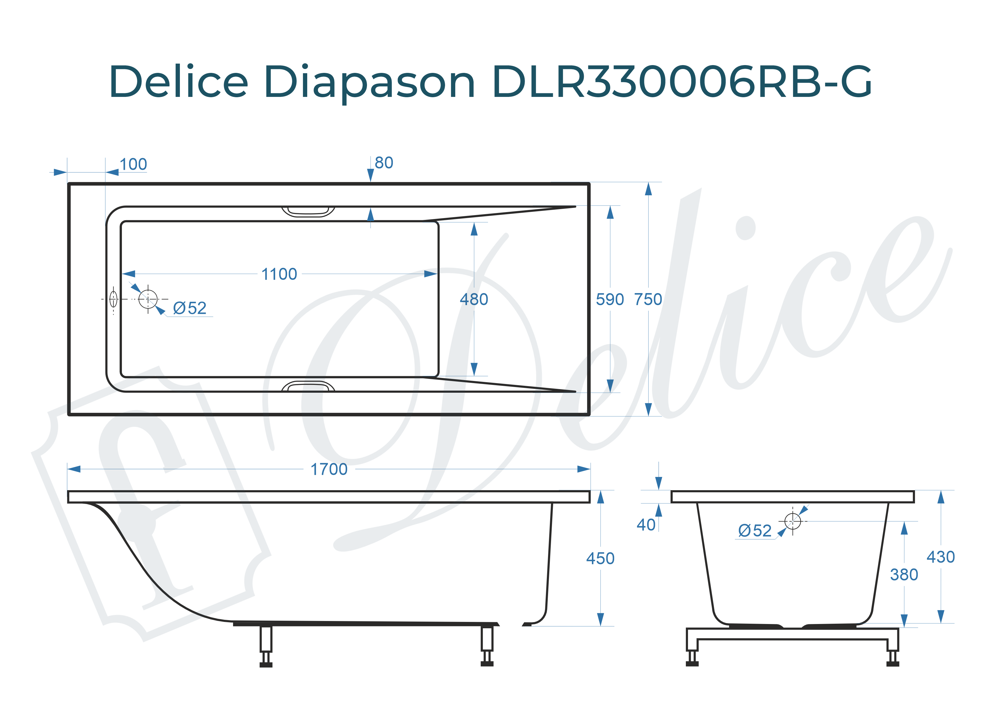 Ванна из литьевого мрамора Delice Diapason 170х75 глянцевая с черными ручками DLR330006RB-G