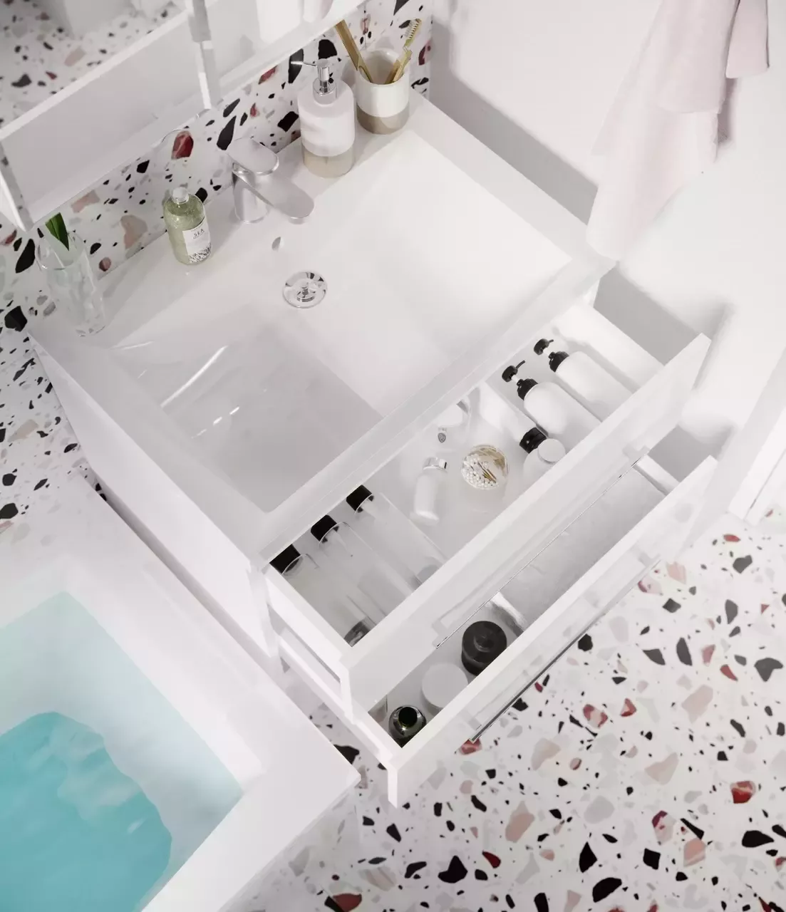 Тумба напольная 1Marka Соната 58Н с раковиной Нота New Polytitan 58, 3 ящика, белый