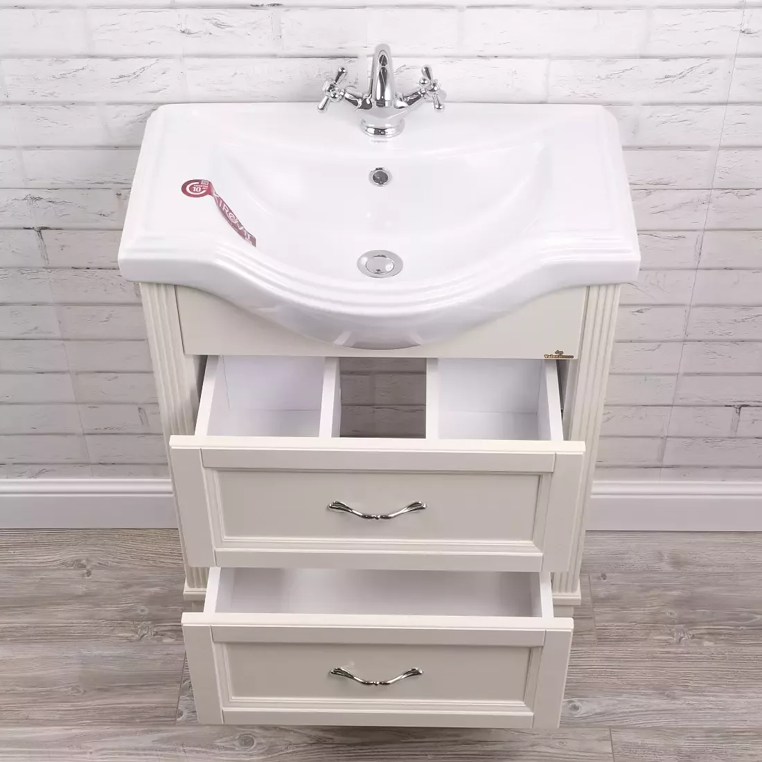 Тумба напольная ValenHouse Эллина 65/2 с раковиной Классик 65, 2 ящика, слоновая кость, хром