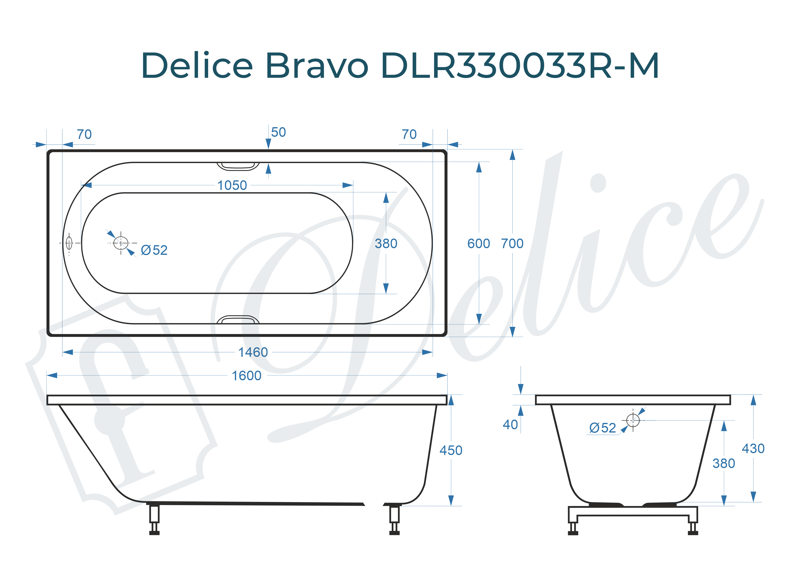 Ванна из литьевого мрамора Delice Bravo 160х70 матовая с ручками Хром DLR330033R-M