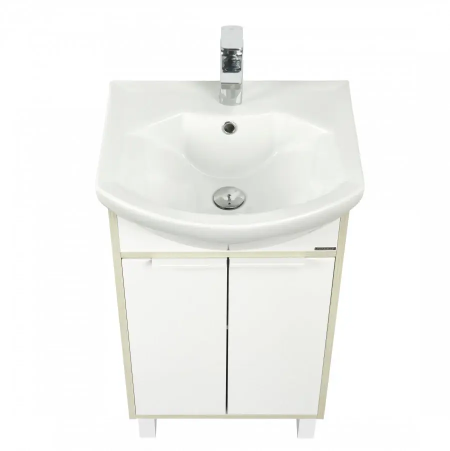 Тумба с раковиной Aquaton Рико 50 с раковиной Смайл 50 напольная, белый/ясень фабрик