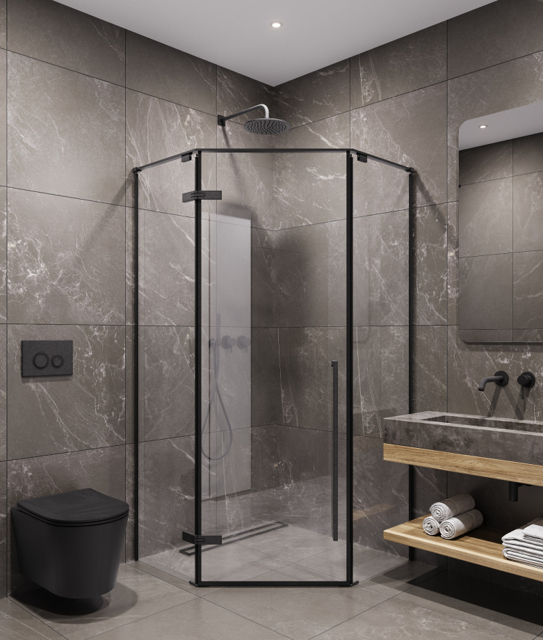 Душевой угол Timo TTSSP-90/03C-8, распаш 900*900*2000, профиль черный, стекло прозрачное 8 мм