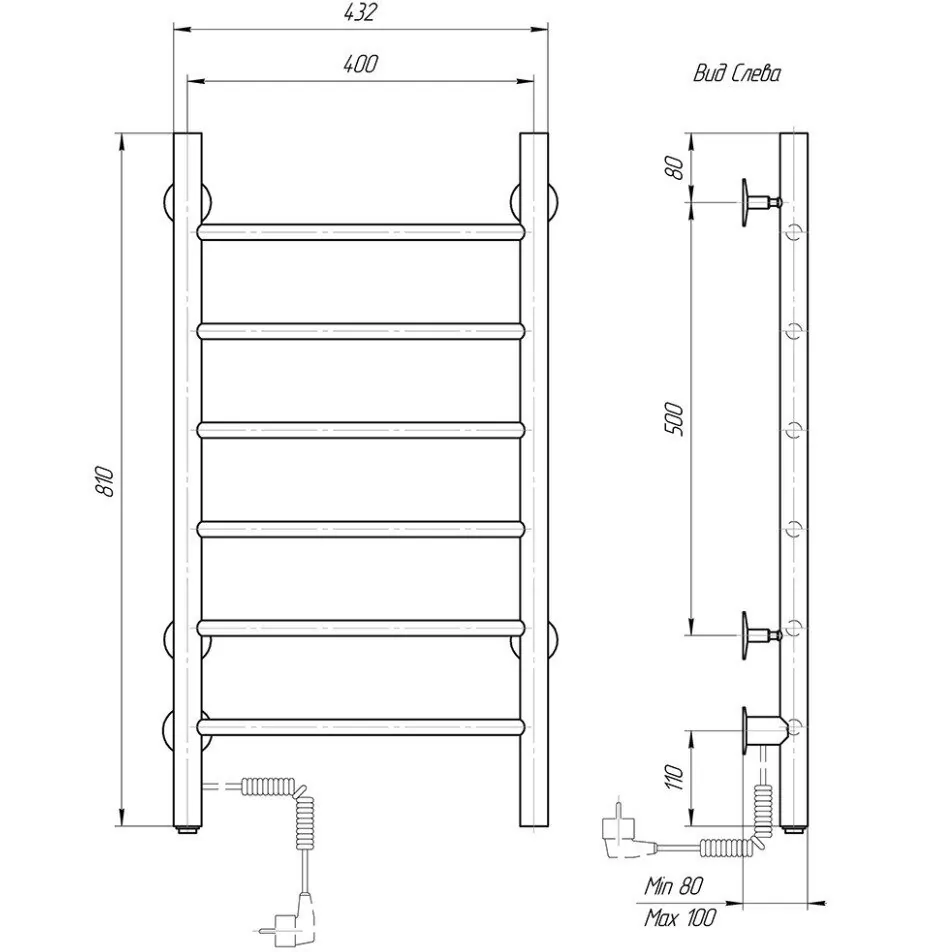 Полотенцесушитель электрический Domoterm Классик 109-6 40х81 EK L левый, хром