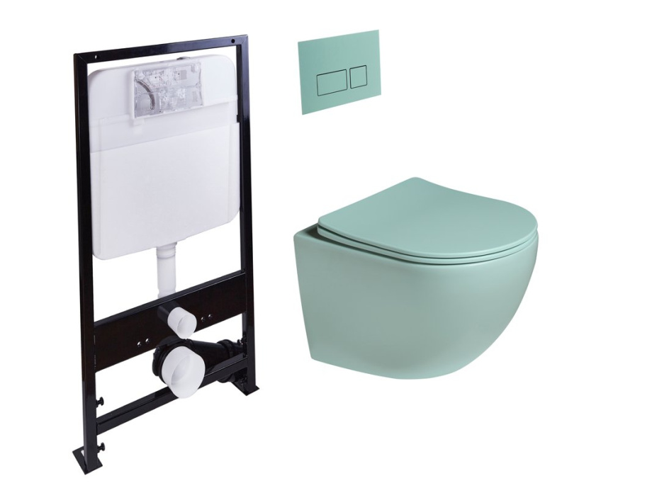 Унитаз подвесной SantiLine SL-5005T-LG+SL-01/LG с инсталляцией и кнопкой, светло-зеленый матовый