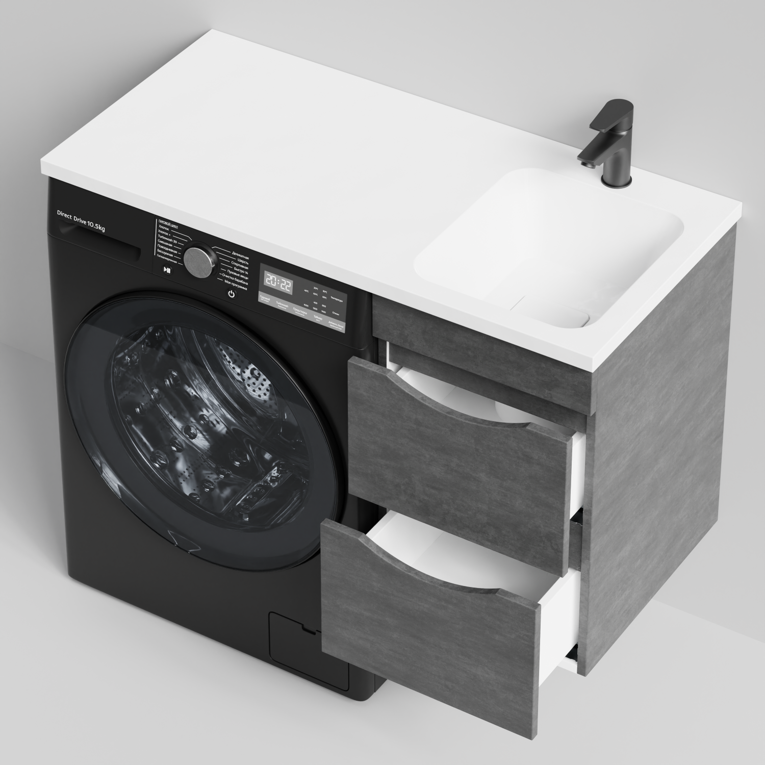 Тумба Vod-ok 48 с раковиной Смайл 110 подвесная, под стиральную машину, правая, Серый камень