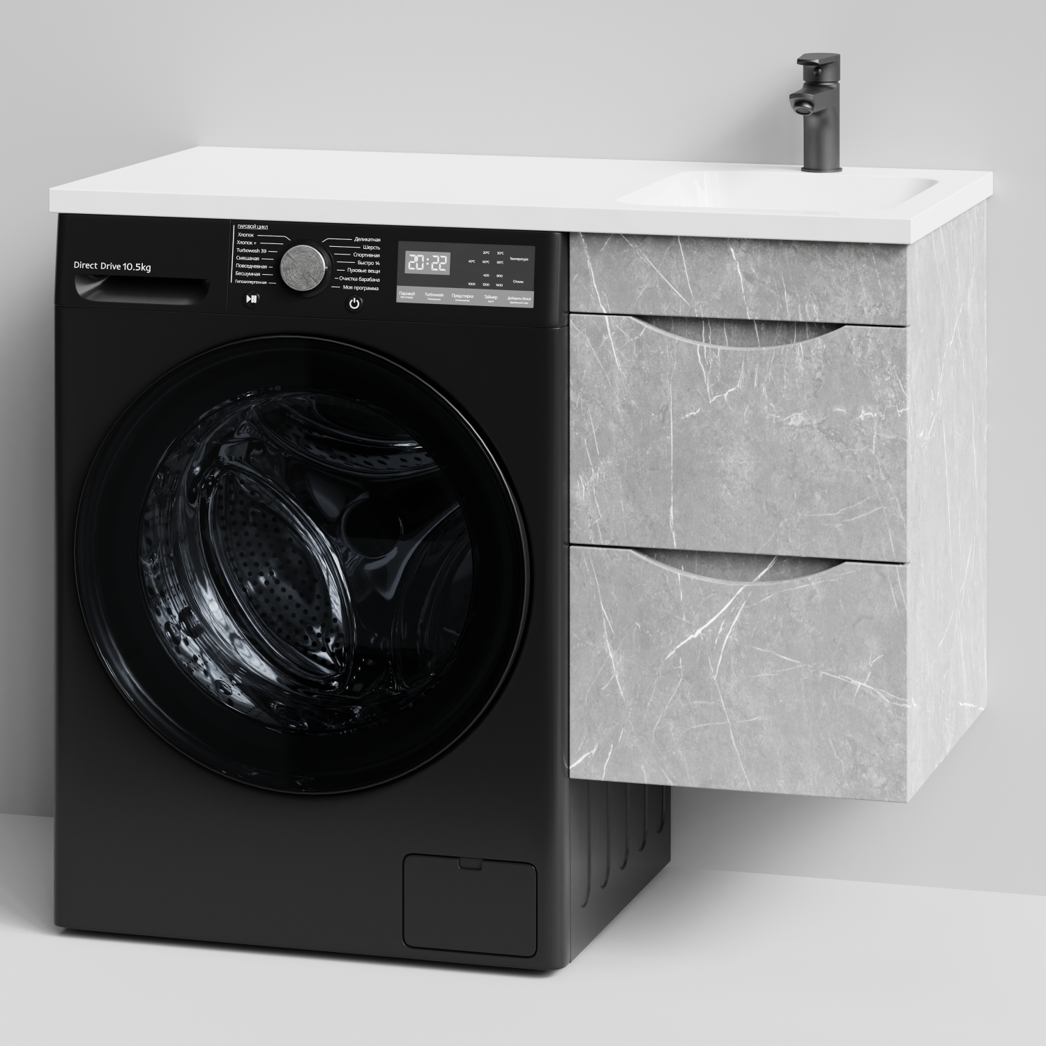 Тумба Vod-ok 38 с раковиной Смайл 100 подвесная, под стиральную машину, правая, Мрамор Белый софт тач