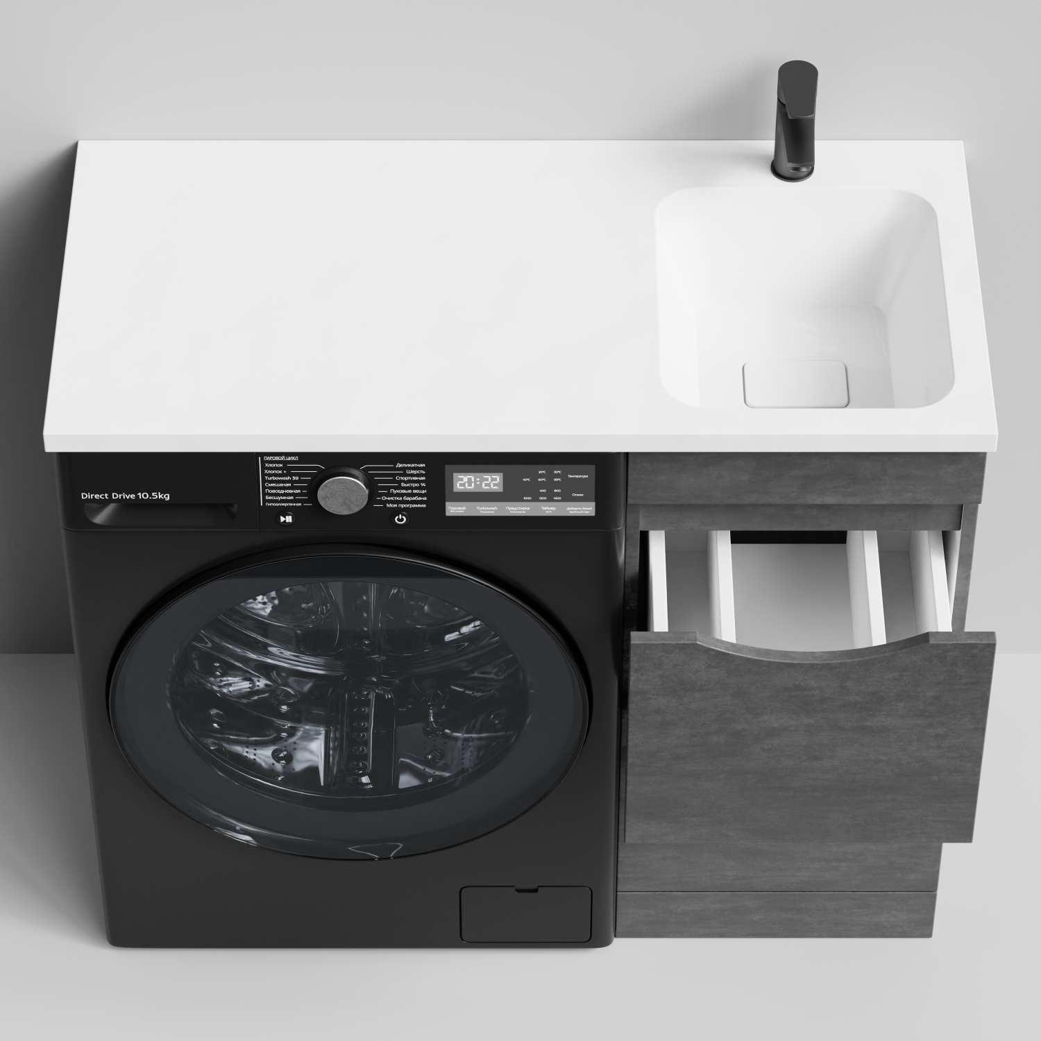 Тумба Vod-ok 38 с раковиной Смайл 100 напольная, под стиральную машину, правая, Серый камень