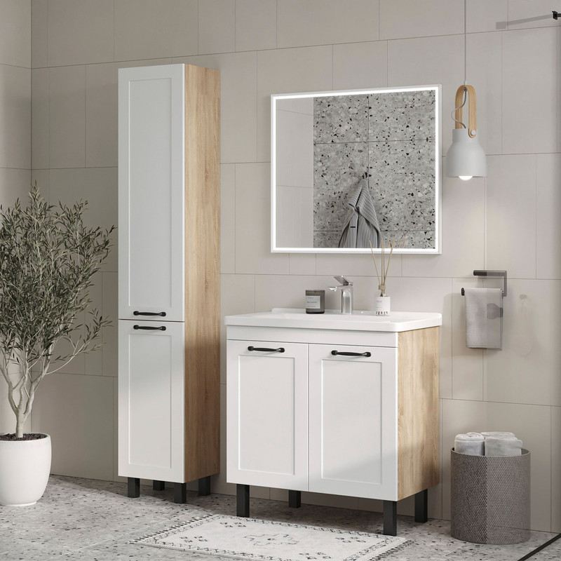 Тумба раковиной EQUIL Lago 80 напольная, 2 двери, белый/дуб сонома