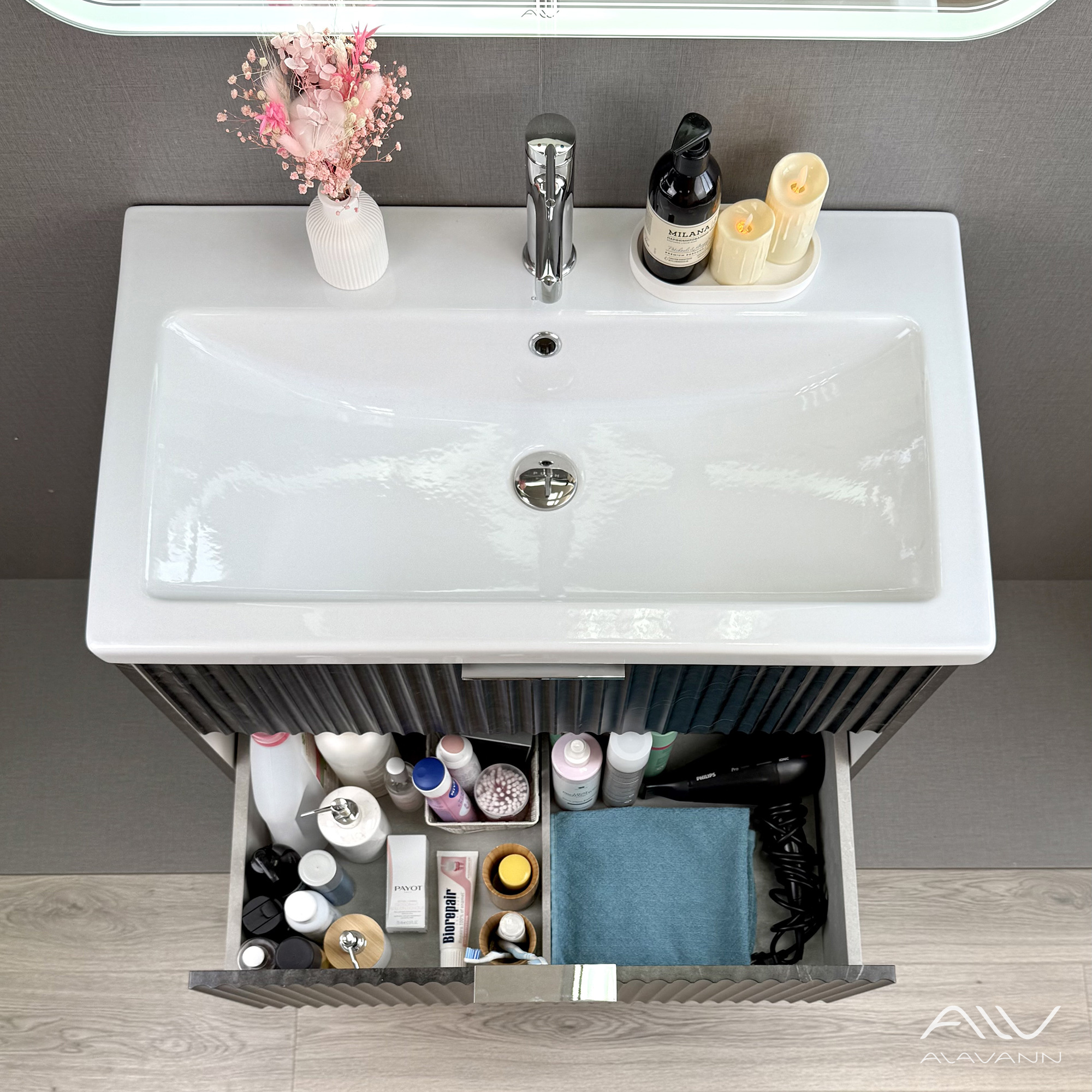 Тумба подвесная Alavann Anna 80 с раковиной Como 80, черный мрамор