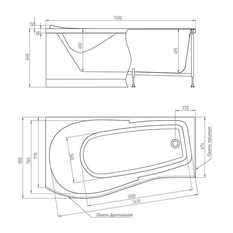 Комплект (5в1) Акриловая ванна TIMO VINO1590L 150*90*66+Каркас + Слив-перелив+Фронтальная панель+Торцевая панель