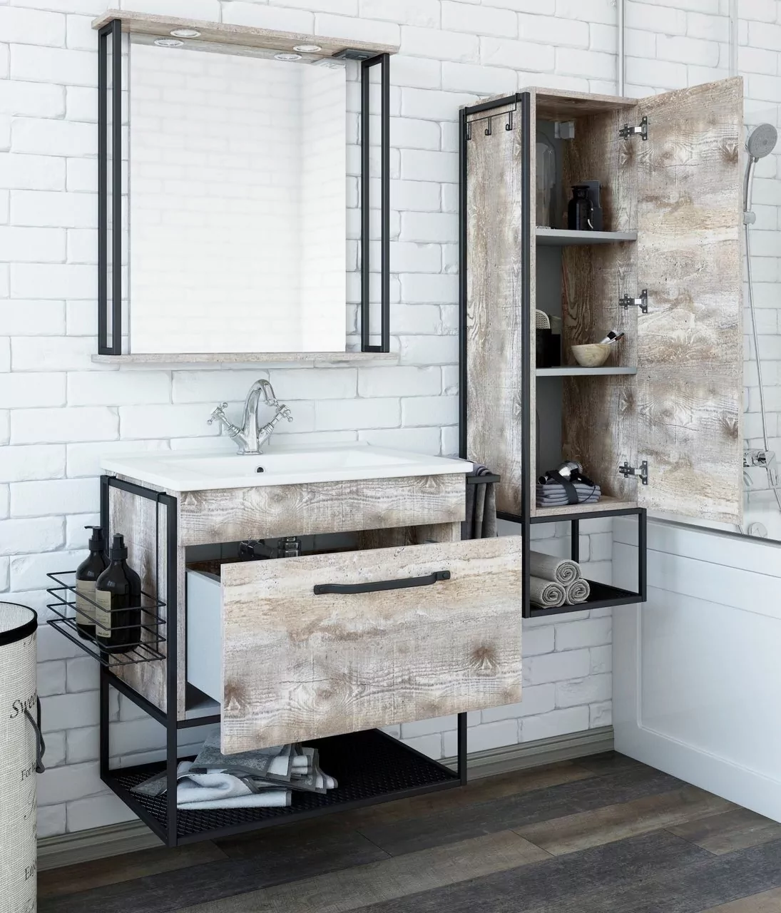 Пенал Sanflor Бруклин 50 L/R подвесной, с открытой полкой, бетон пайн, экзотик