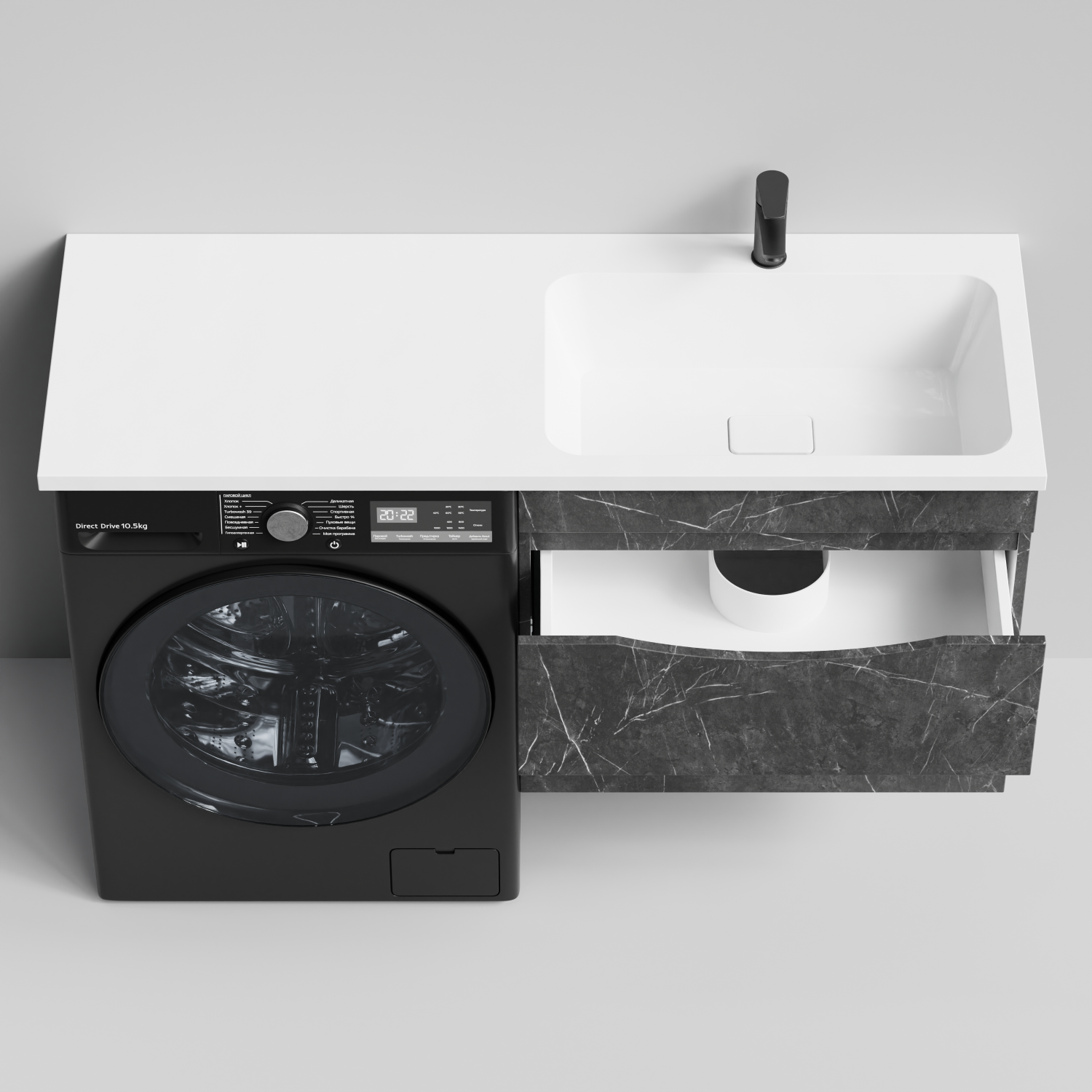 Тумба Vod-ok 68 с раковиной Смайл 130 подвесная, под стиральную машину, правая, Мрамор Графит софт тач