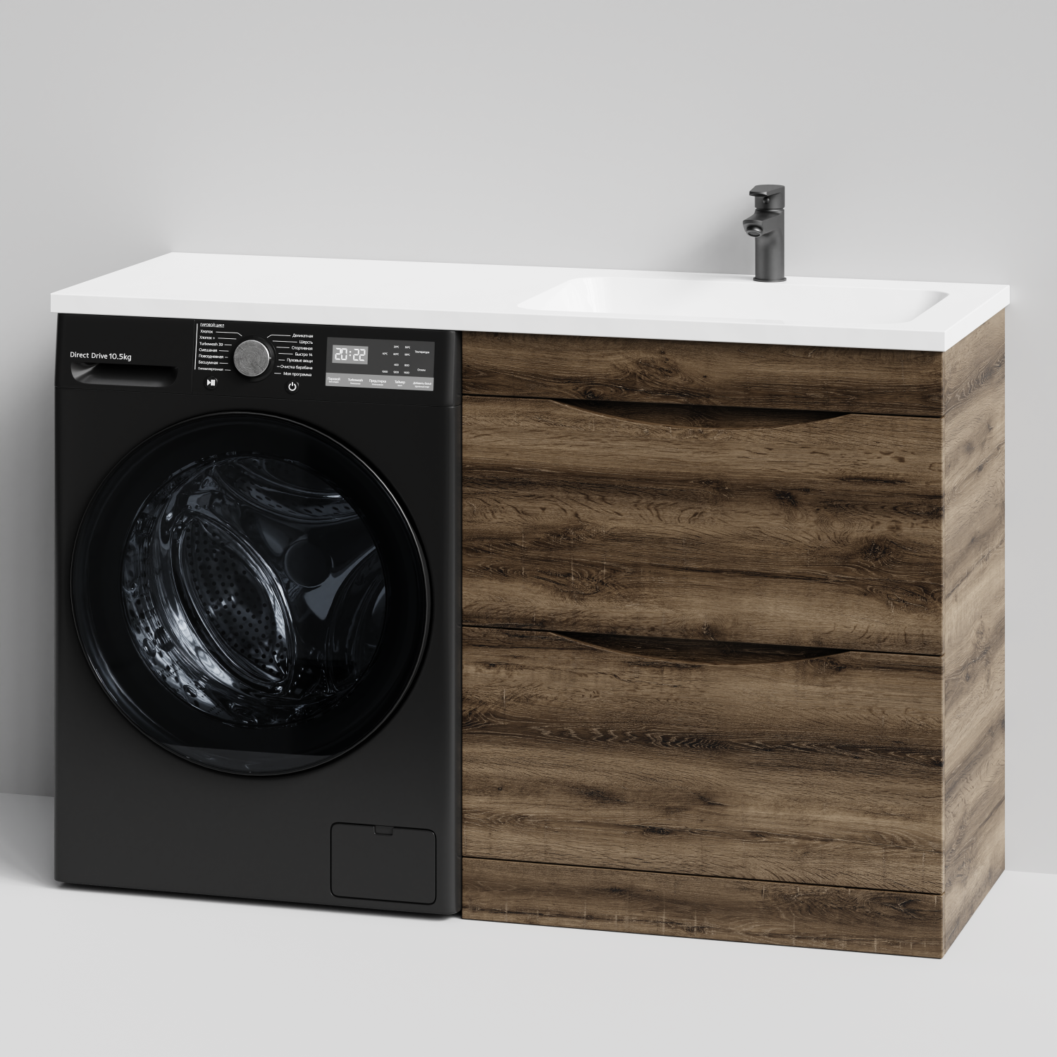 Тумба Vod-ok 68 с раковиной Смайл 130 напольная, под стиральную машину, правая, Дуб крымский коричневый