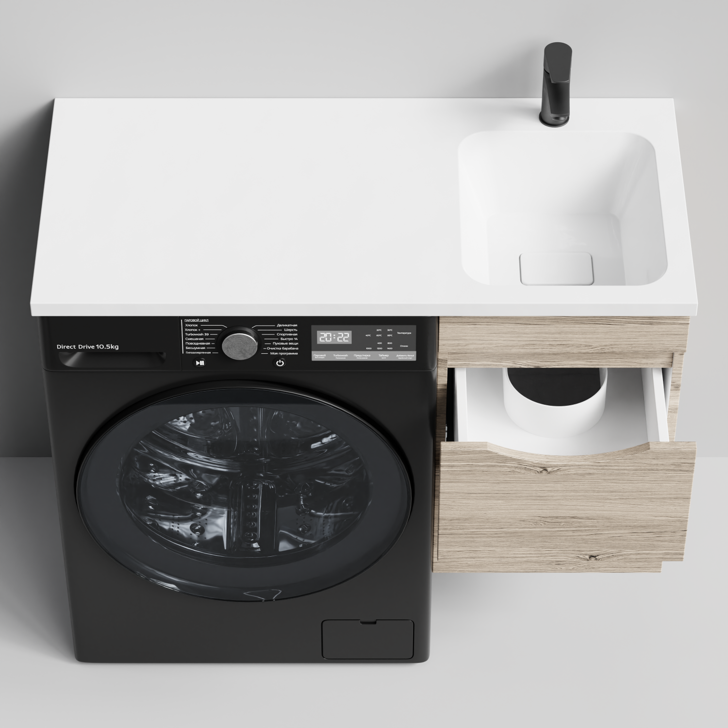 Тумба Vod-ok 48 с раковиной Смайл 110 подвесная, под стиральную машину, правая, Дубослив ореховый светлый