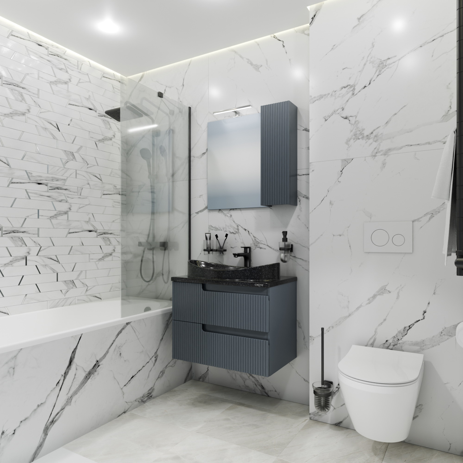 Тумба подвесная Санта Альтаир 70 с раковиной Вега 70, 2 ящика, графит матовый