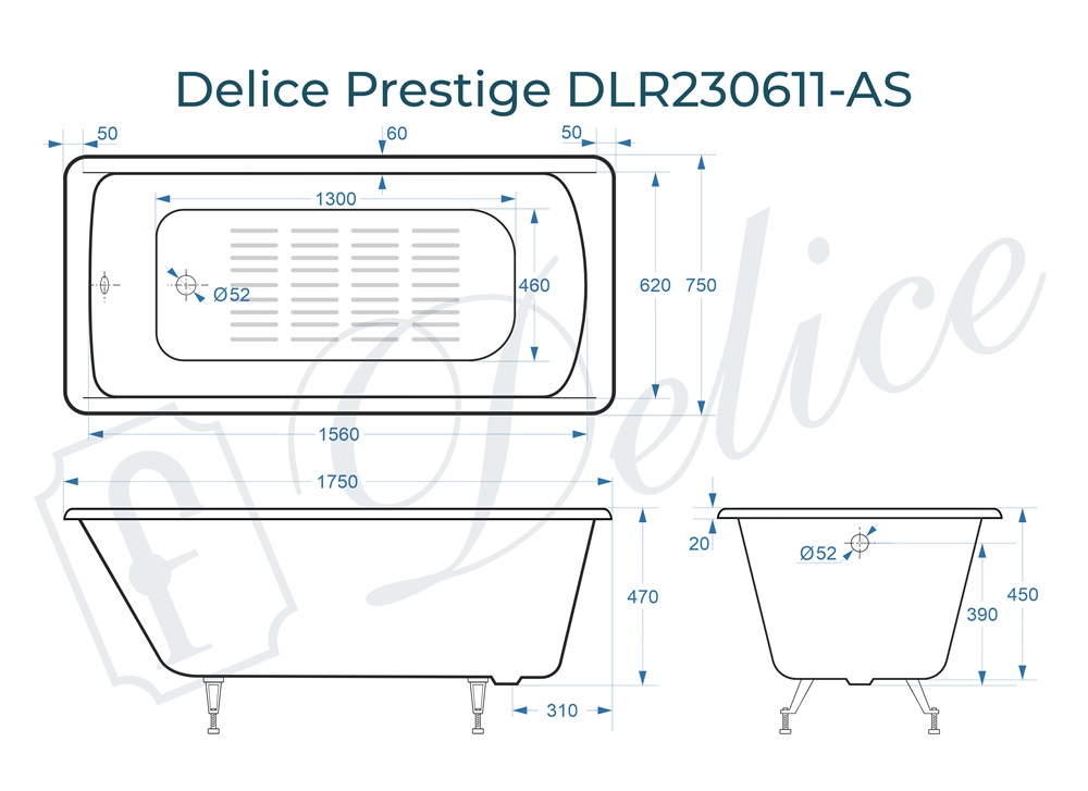 Ванна чугунная Delice Prestige 175х75 DLR230611-AS с антискользящим покрытием